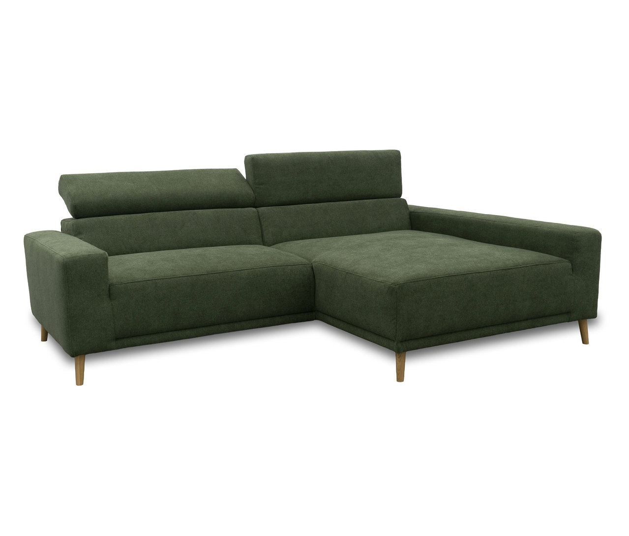 Grünes DOMO Sofa Malmö mit Longchair rechts, verstellbaren Kopfstützen und Holzfüßen.