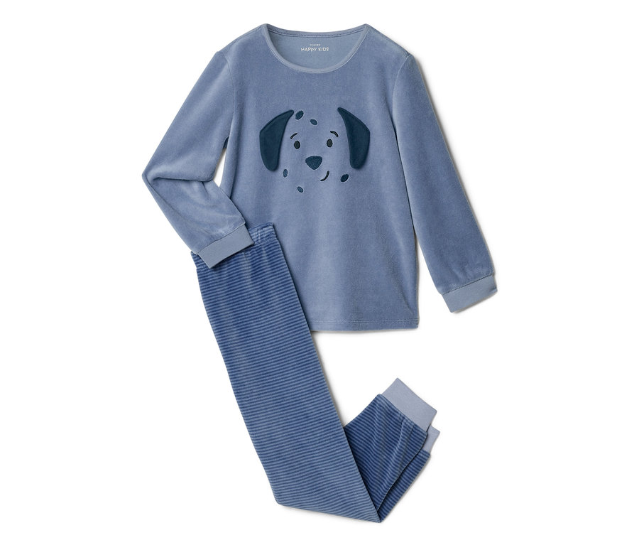 Blauer Kinder-Pyjama aus Velours mit langärmeligem Oberteil und gestreiften Hosen. Das Oberteil hat ein Hundegesicht-Design.