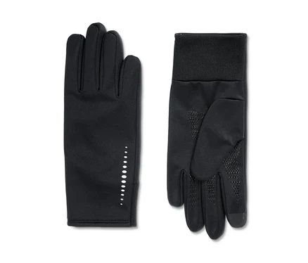 Zwei schwarze Windprotection-Thermohandschuhe, einer mit reflektierenden Punkten auf dem Handrücken, der andere mit griffiger Handfläche und geripptem Bündchen.