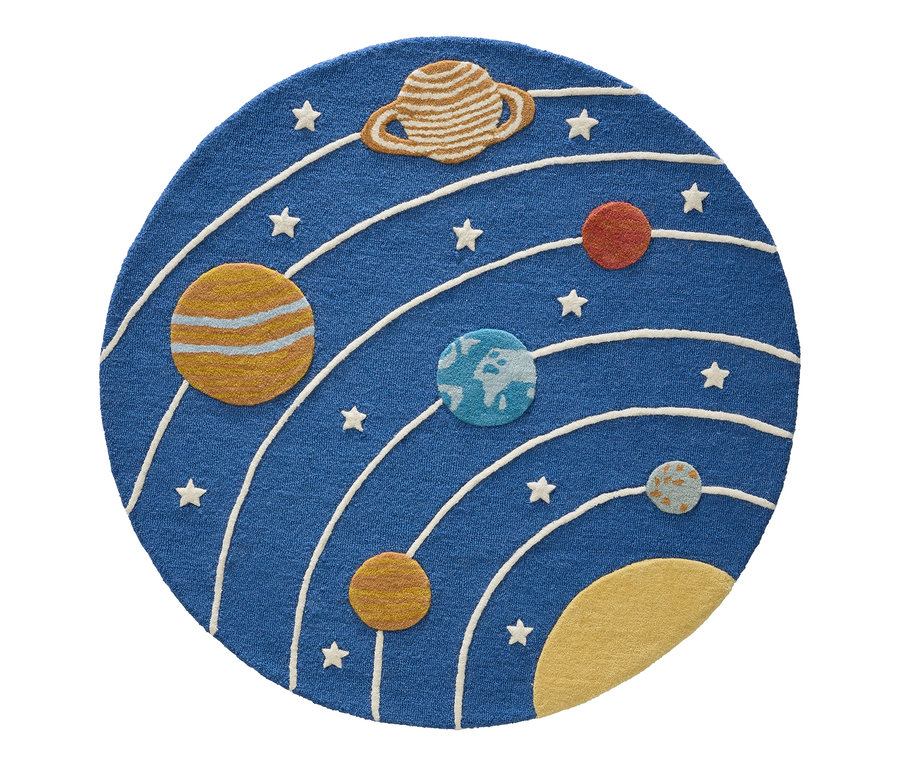 Blauer benuta Kinderteppich »Alex«, Ø ca. 120 cm, mit Weltraum-Motiv, Planeten, Sternen und Umlaufbahnen.