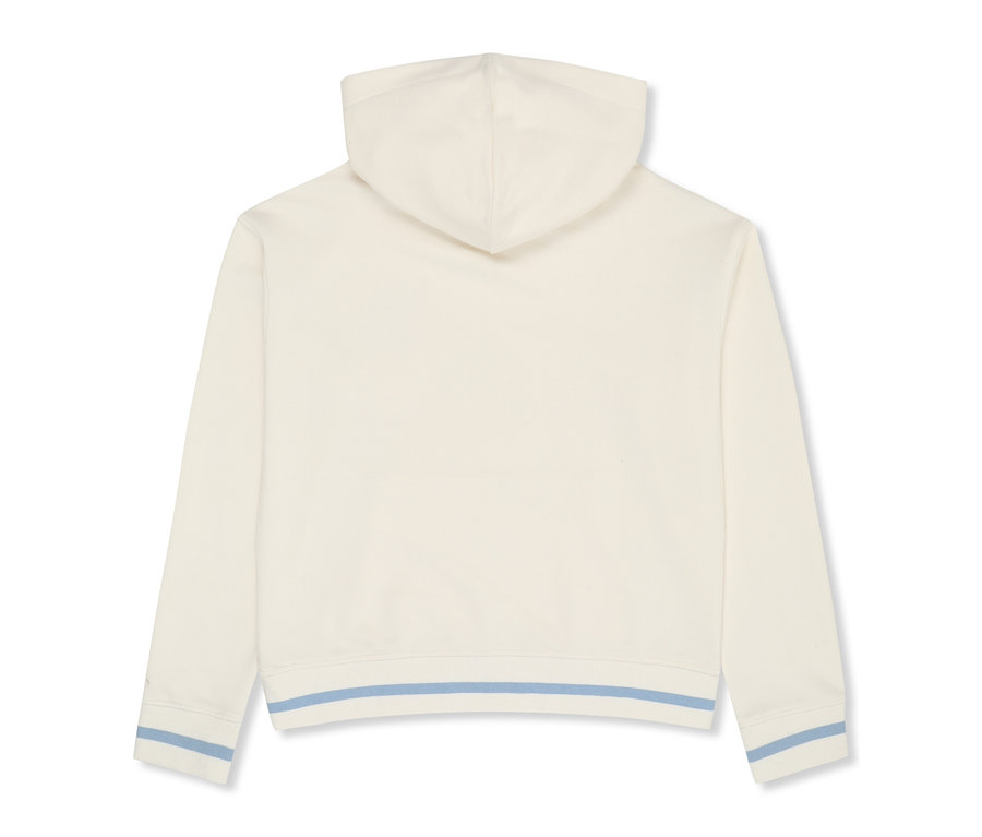 Rückansicht eines cremefarbenen FILA Damen-Hoodies Marlia mit Kapuze und zwei hellblauen Streifen an Saum und Ärmelbündchen.