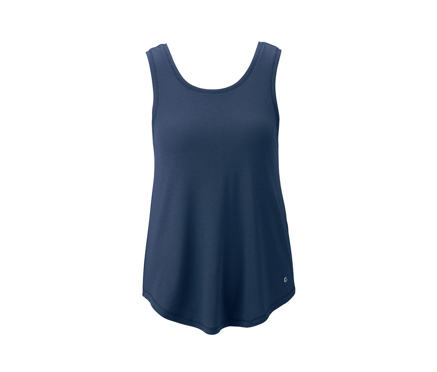 Blaues 2-in-1-Sporttop vor weißem Hintergrund.