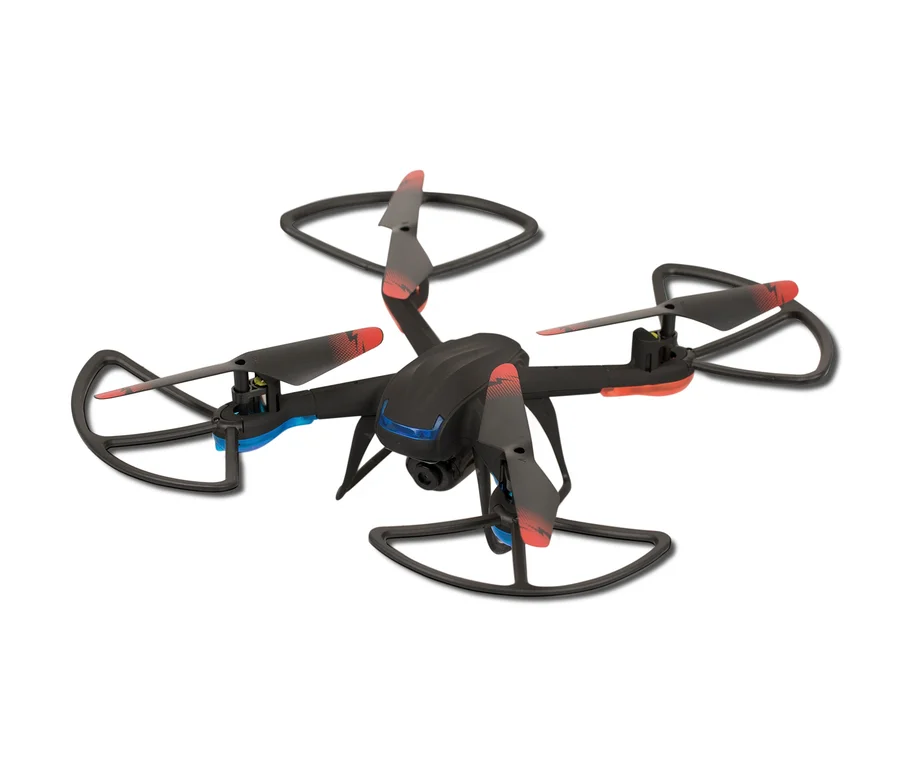 Eine schwarze Maginon »QC-50« Drohne mit vier Rotoren und Rotorschutz auf weißem Hintergrund.