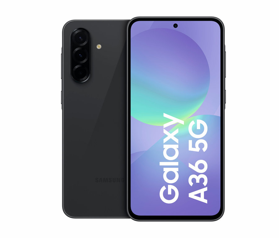 Das Samsung Galaxy A36 5G 128GB in Awesome Black ist von vorn und von hinten zu sehen.