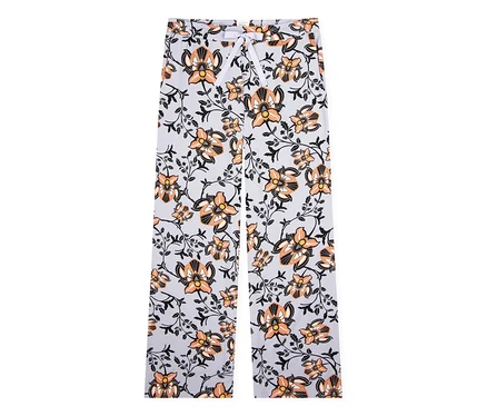 Helle graue Pyjamahose mit orangefarbenem und schwarzem Blumenmuster und weißem Kordelzug.