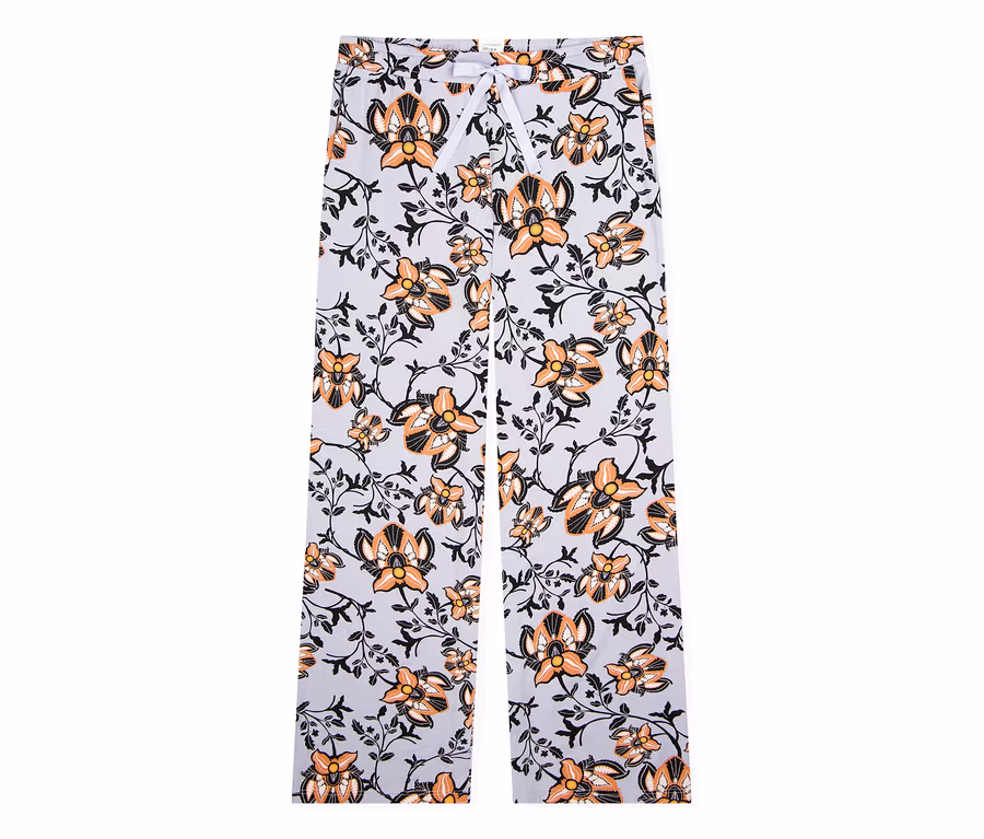 Helle graue Pyjamahose mit orangefarbenem und schwarzem Blumenmuster und weißem Kordelzug.