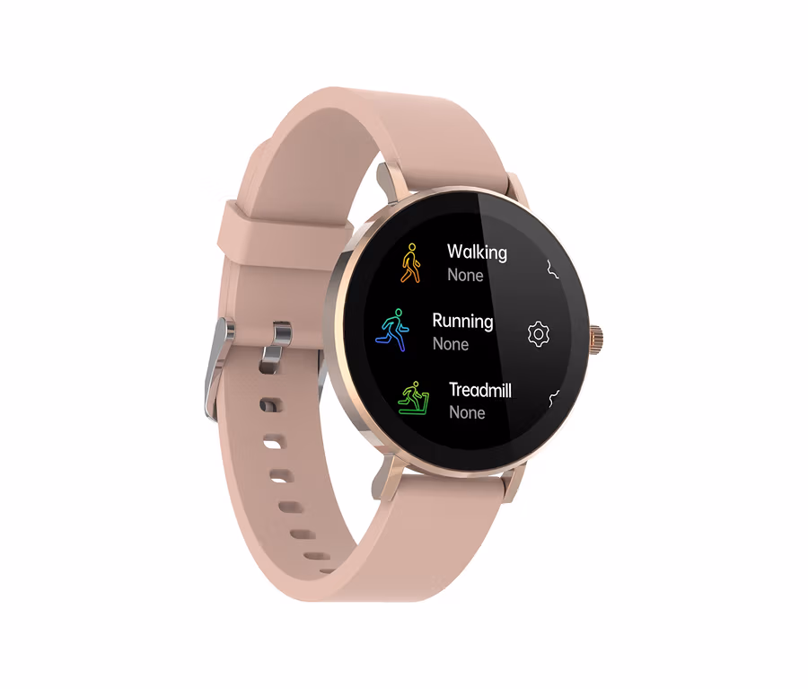 Nahaufnahme der roségoldfarbenen Kienzle »Active Smart Slim« Uhr mit Menüanzeige für Walking, Running und Laufband.
