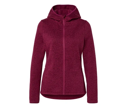 Dunkelrote, melierte Kapuzen-Fleecejacke mit durchgehendem Reißverschluss, flach liegend dargestellt.