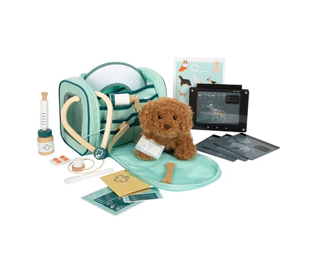 Das small foot Tierarzt-Set »Hund« zeigt einen Plüschhund auf einer blauen Matte, umgeben von einer mintgrünen Tragetasche, einem Stethoskop, Spritze, Medikamenten, Röntgenbildern und einem Spielzeug-Röntgenbildschirm.