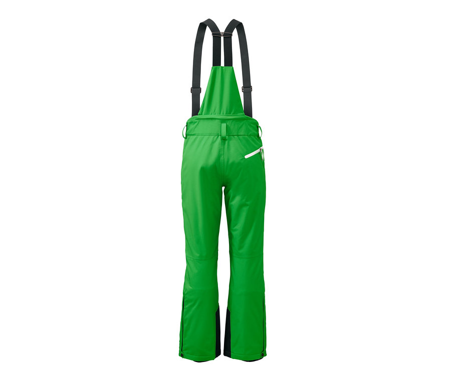 Grüne Skihose mit schwarzen Trägern.