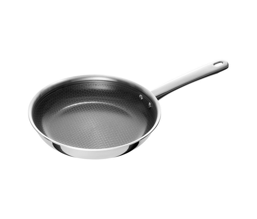 Eine silberne Edelstahl-Bratpfanne aus dem Henckels by ZWILLING »Valley« Bratpfannenset mit dunkler, strukturierter Antihaftbeschichtung im Wabenmuster und langem silbernem Griff mit Aufhängeöse.