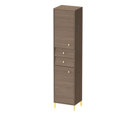 Hochschrank »Cottage« in Nussbaumoptik mit einer oberen Tür, zwei Schubladen und einer unteren Tür, alle mit goldenen Griffen, auf goldenen Beinen.