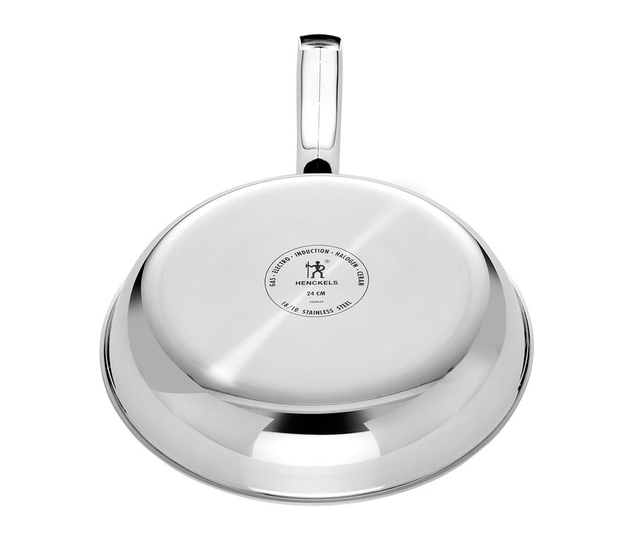 Unterseite einer glänzenden Henckels by ZWILLING »Valley« Bratpfanne aus Edelstahl, 24 cm, mit Logo und Kochfeldkompatibilität.
