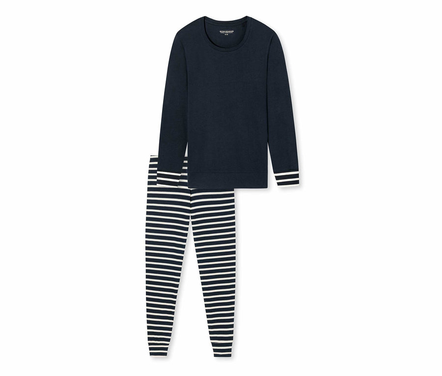 Marineblaues SCHIESSER Pyjama-Set mit gestreifter Hose und langärmligem Oberteil.