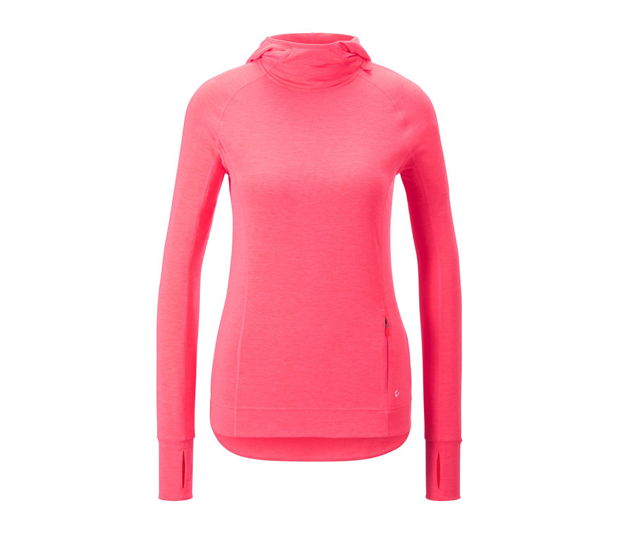 Lachsfarbenes Langarm-Laufshirt mit Kapuze.