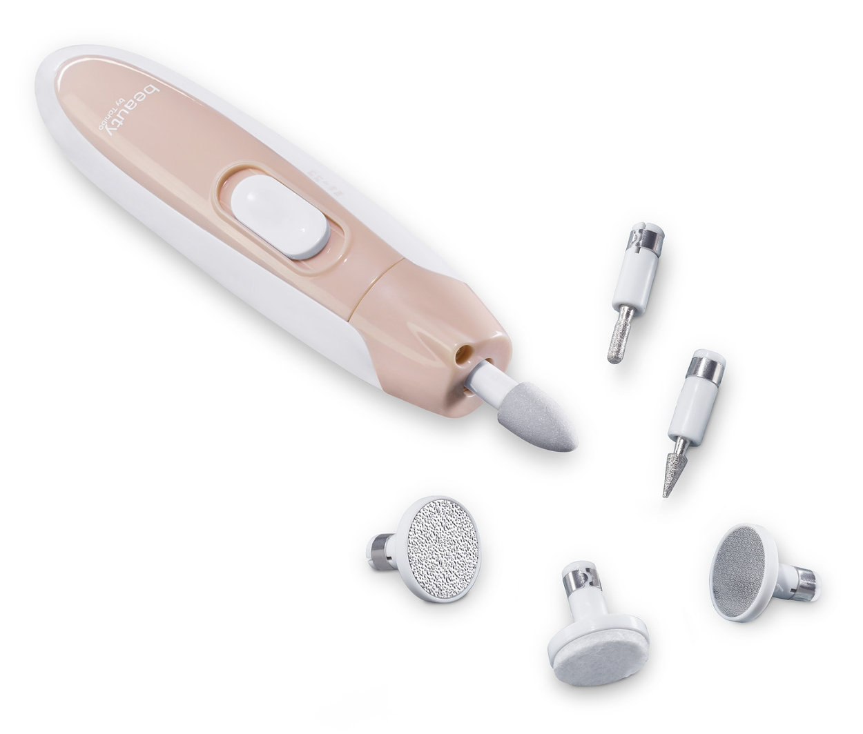 Nahaufnahme eines Maniküre- und Pediküre-Geräts mit Aufsätzen.