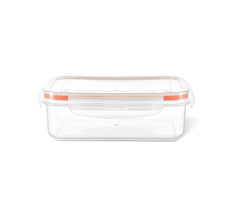 Eine durchsichtige Frischhaltedose mit hellorangefarbener Dichtung.