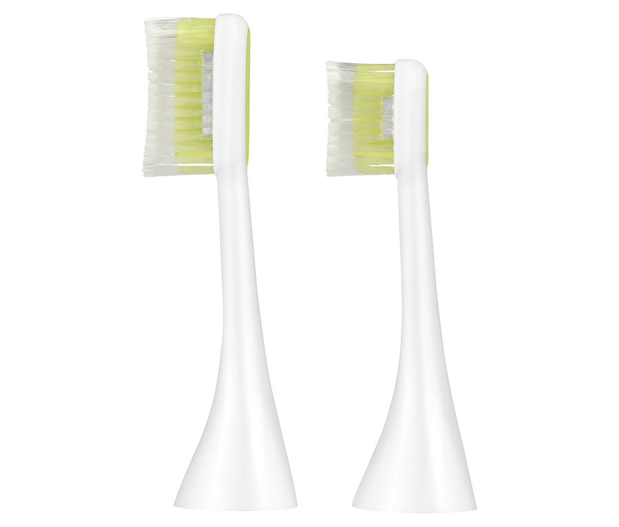 Zwei weiße Aufsätze für die elektrische Zahnbürste Silk’n »ToothWave©« mit weißen Borsten.