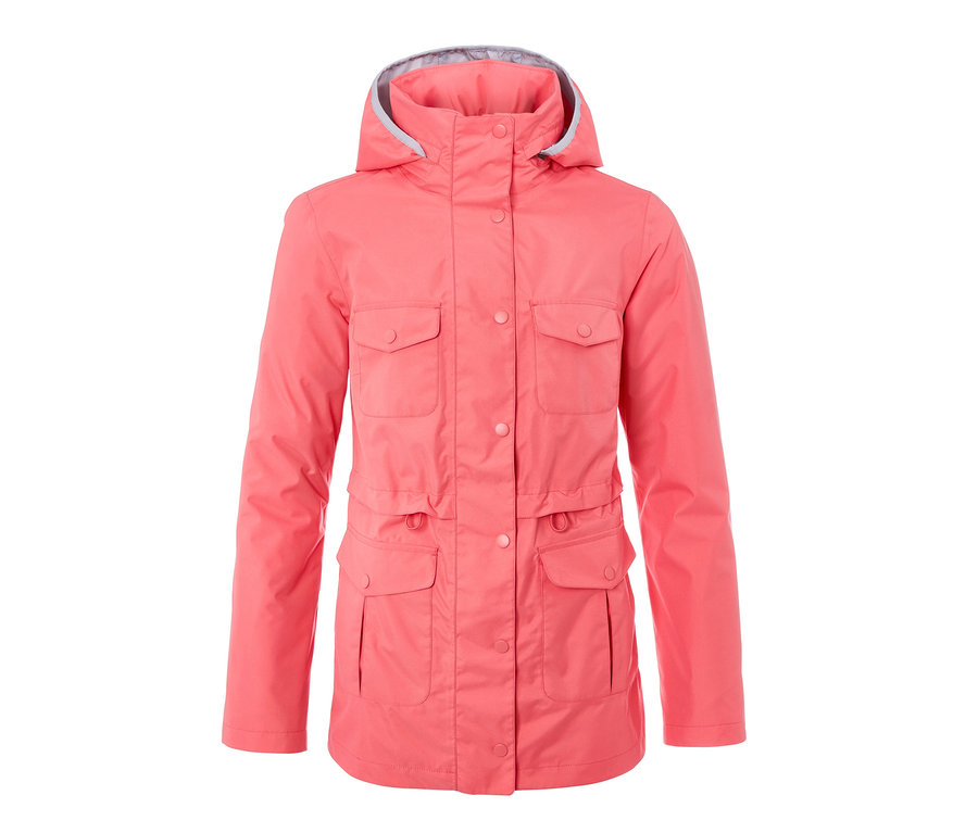 Eine rosafarbene Funktions-Regenjacke mit Kapuze und vier Taschen.