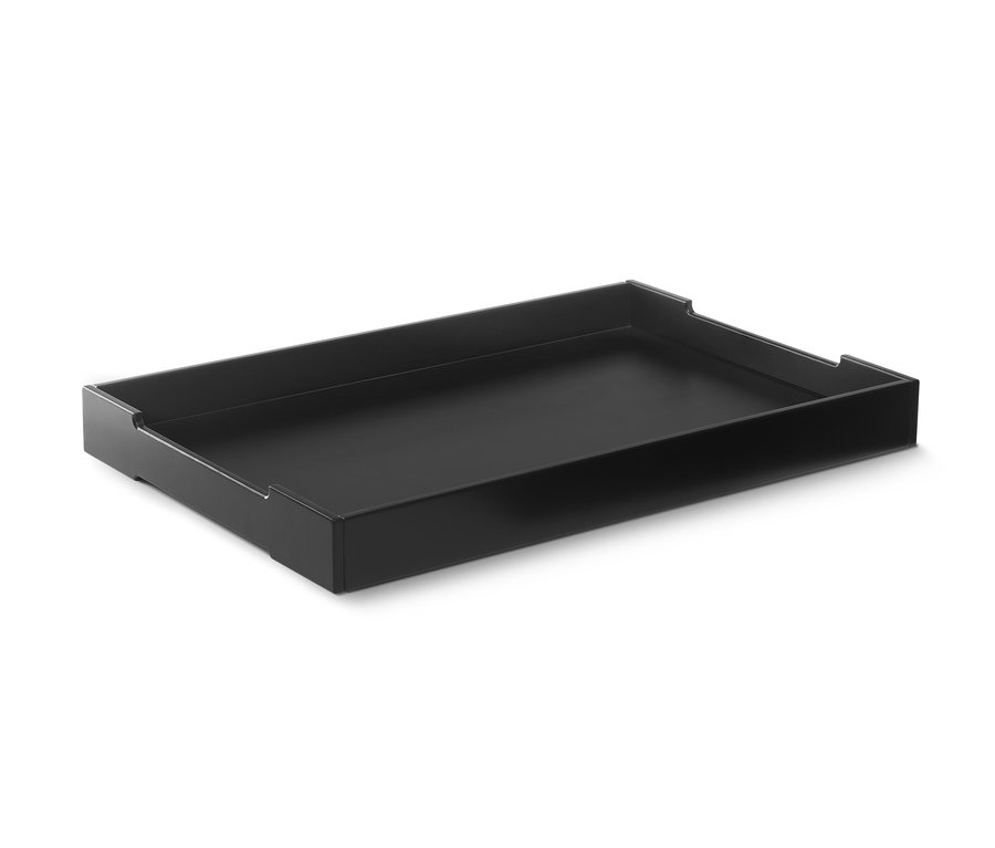 Schwarzer Tabletttisch mit abnehmbarem Tablett.