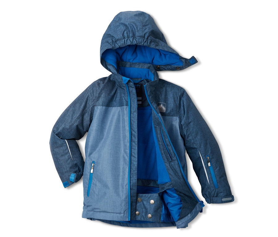 Eine blaue Skijacke mit Kapuze, offen, vor einem weißen Hintergrund.