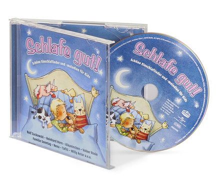 CD »Schlafe gut!« Hülle und CD mit Illustration von Tieren, die auf einer Decke schlafen.