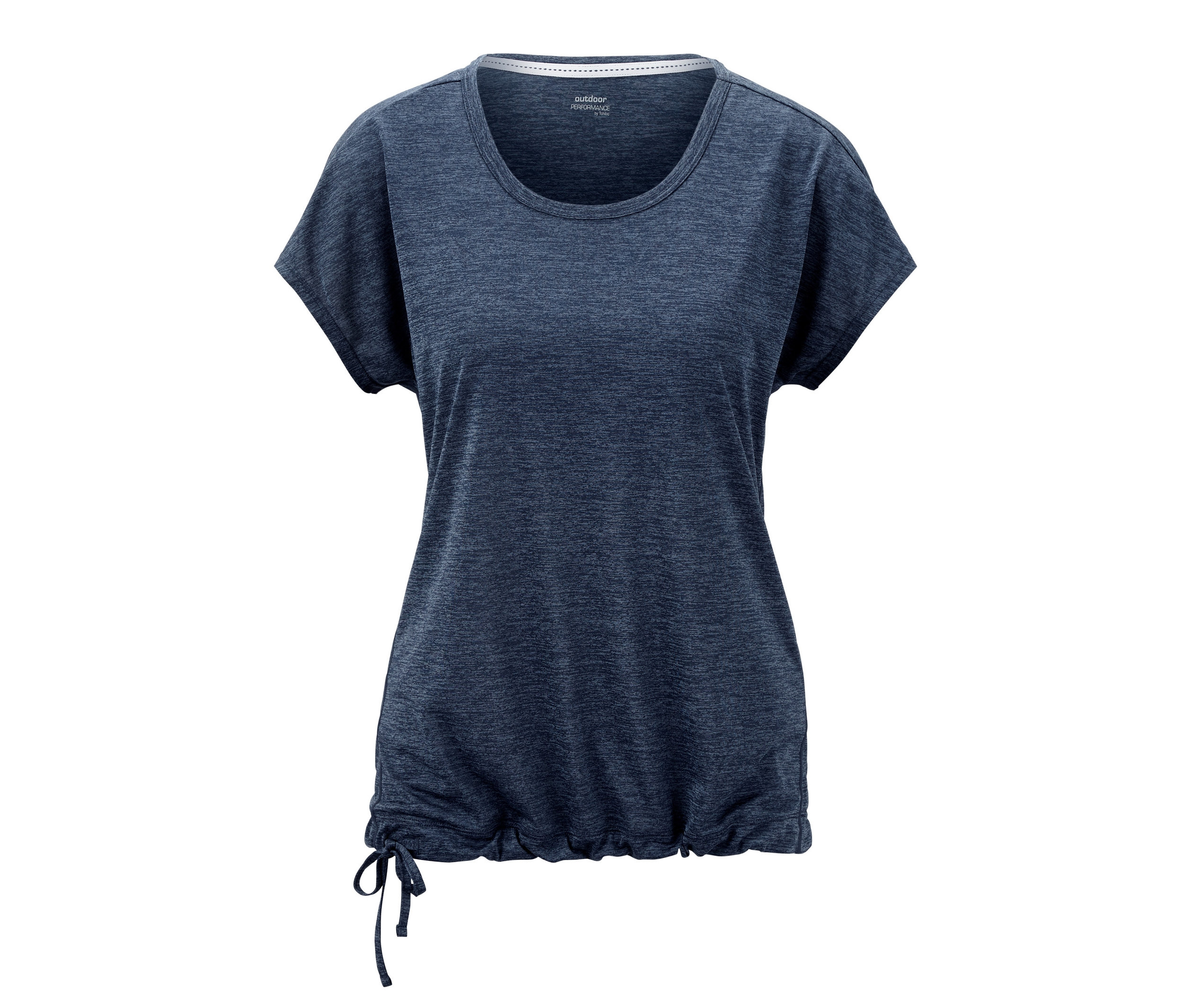 Blaues Funktionsshirt mit kurzen Ärmeln und Kordelzug am Saum.