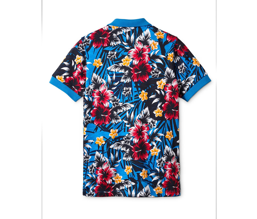 Blaues Poloshirt mit Hawaii-Print.