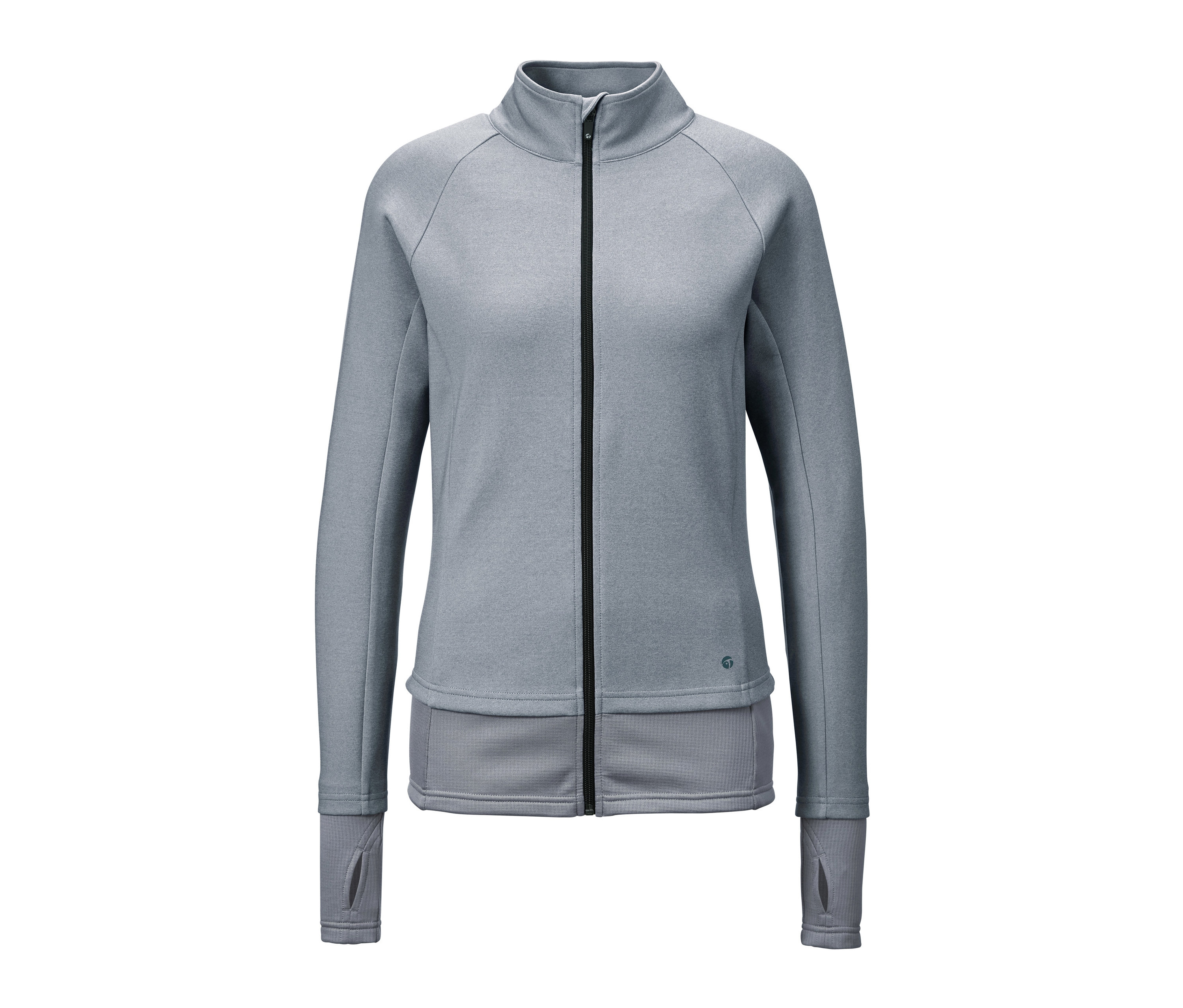 Graue Sportjacke mit Reißverschluss in der Mitte.