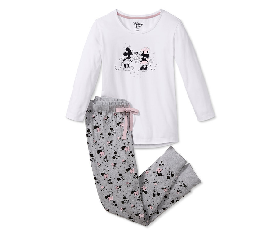 Weißer Disney Pyjama mit grauer Hose, bedruckt mit Mickey und Minnie Mouse Figuren.