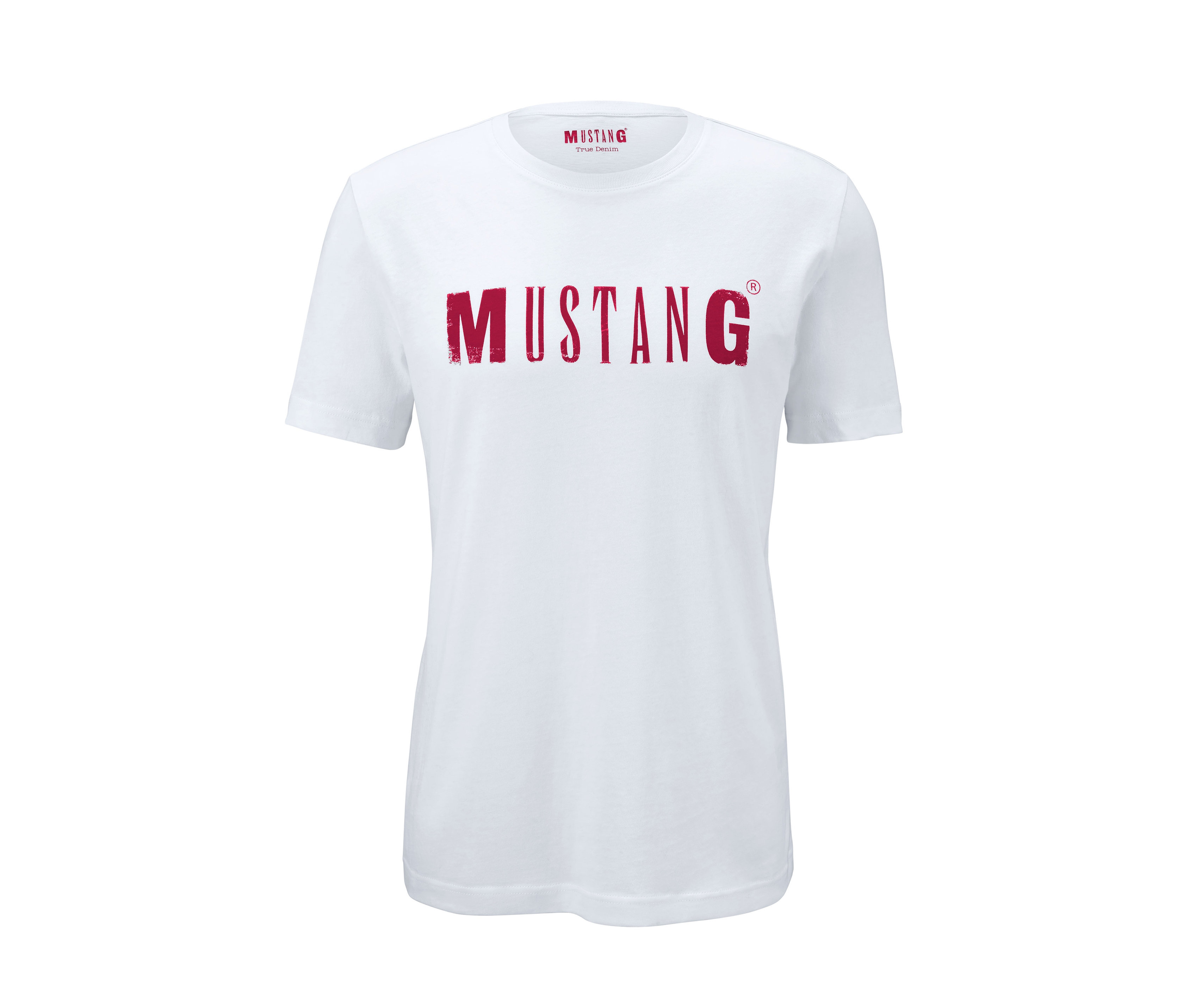 Weißes T-Shirt »Mustang« mit rotem Schriftzug.