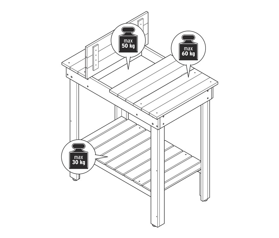 Skizze eines aufklappbaren Pflanztischs mit maximaler Traglast von 60 kg auf der Oberseite.