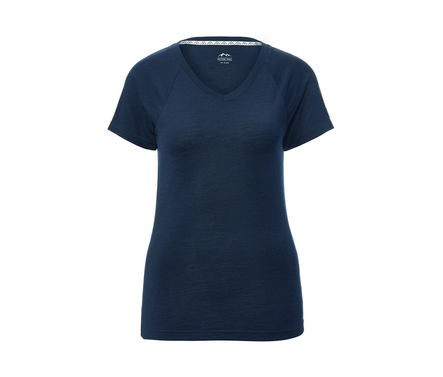 Dunkelblaues Funktionsshirt mit V-Ausschnitt und kurzen Ärmeln.