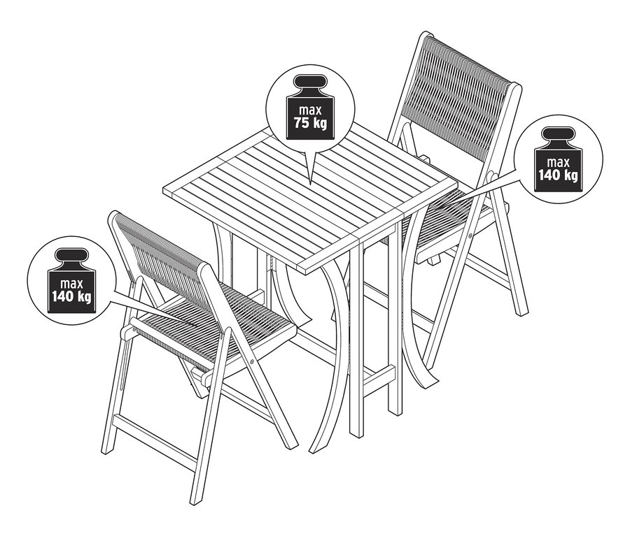 Eine Skizze von einem zusammenklappbaren Balkon-Set »Lenja« mit Textilgeflecht, klappbaren Balkon-Set, 3-teilig.