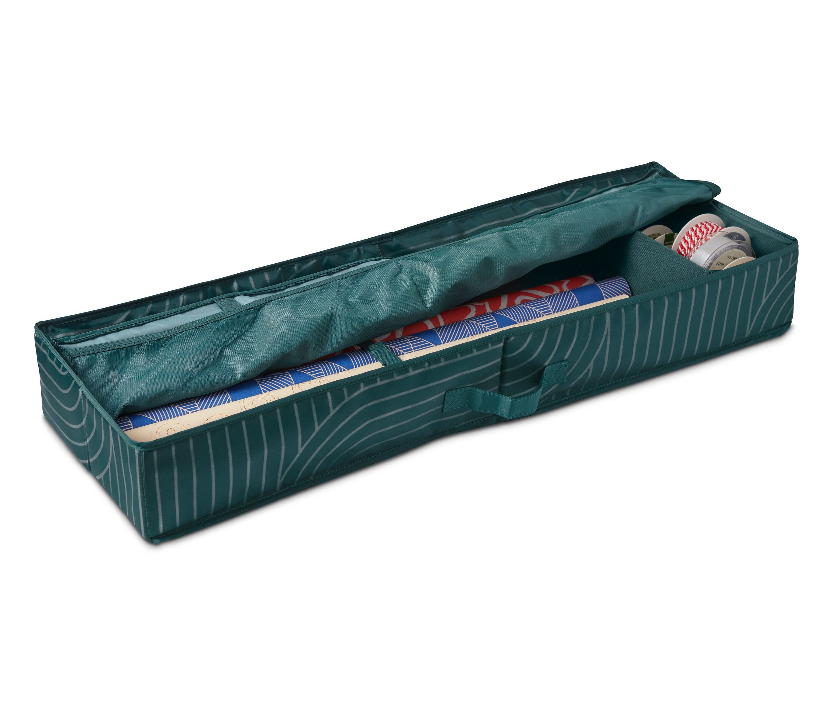 Ein grüner Geschenkpapier-Organizer mit Geschenkpapieren und Bändern.