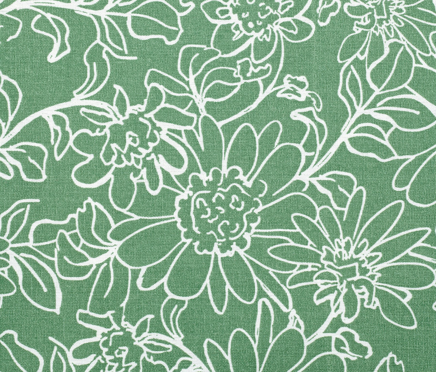 Grüne Outdoor-Tischdecke mit weissem Blumenmuster.