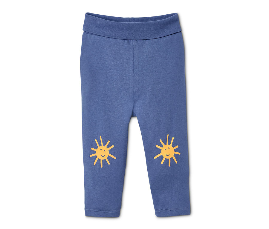 Blaue Babyhose aus Bio-Baumwolle mit Sonnenaufdruck auf den Knien.