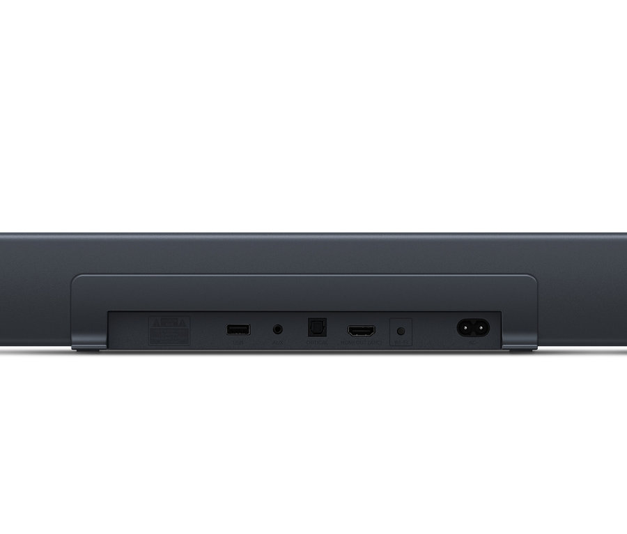 Detailansicht der Rückseite einer Soundbar. Zu sehen ist eine Philips Soundbar 2.1 mit integriertem Subwoofer »TAB8205«.