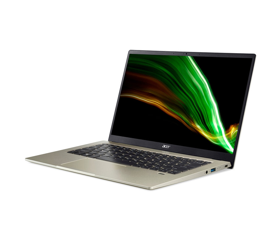 Das goldfarbene Acer Swift 1 Notebook »SF114-34« ist geöffnet und zum Objektiv geneigt.