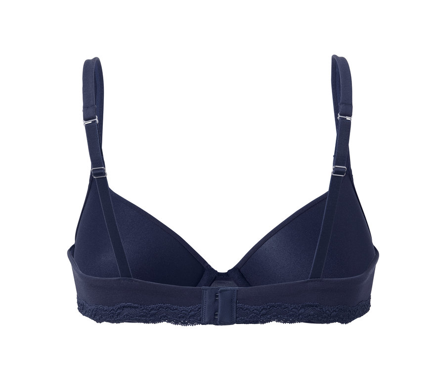 Detailansicht von Rückseite eines blauen T-Shirt-BHs mit Spitzenborte am Unterband.