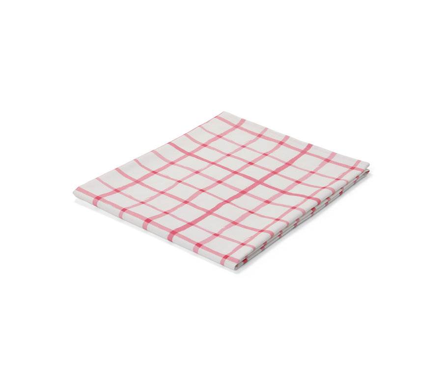 Ein gefaltetes, kariertes Tischtuch mit roten Linien auf weißem Grund.