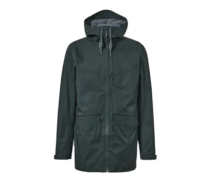 Grüne Outdoor-Jacke mit Kapuze, Reißverschluss und Taschen.