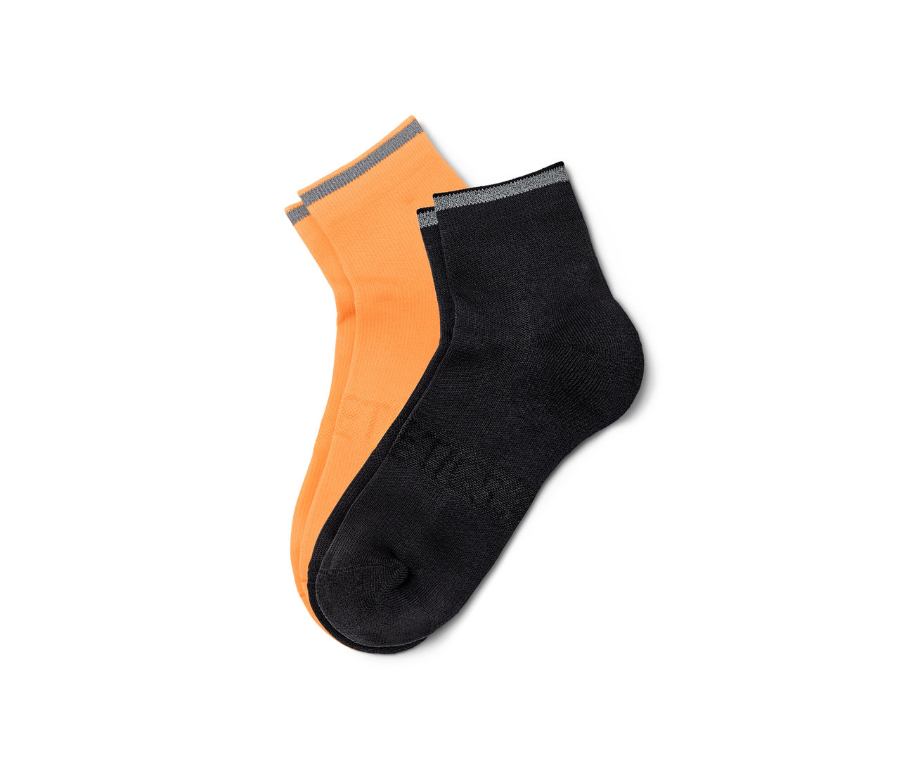 Zwei Paar Laufsocken: neonorange und schwarz.