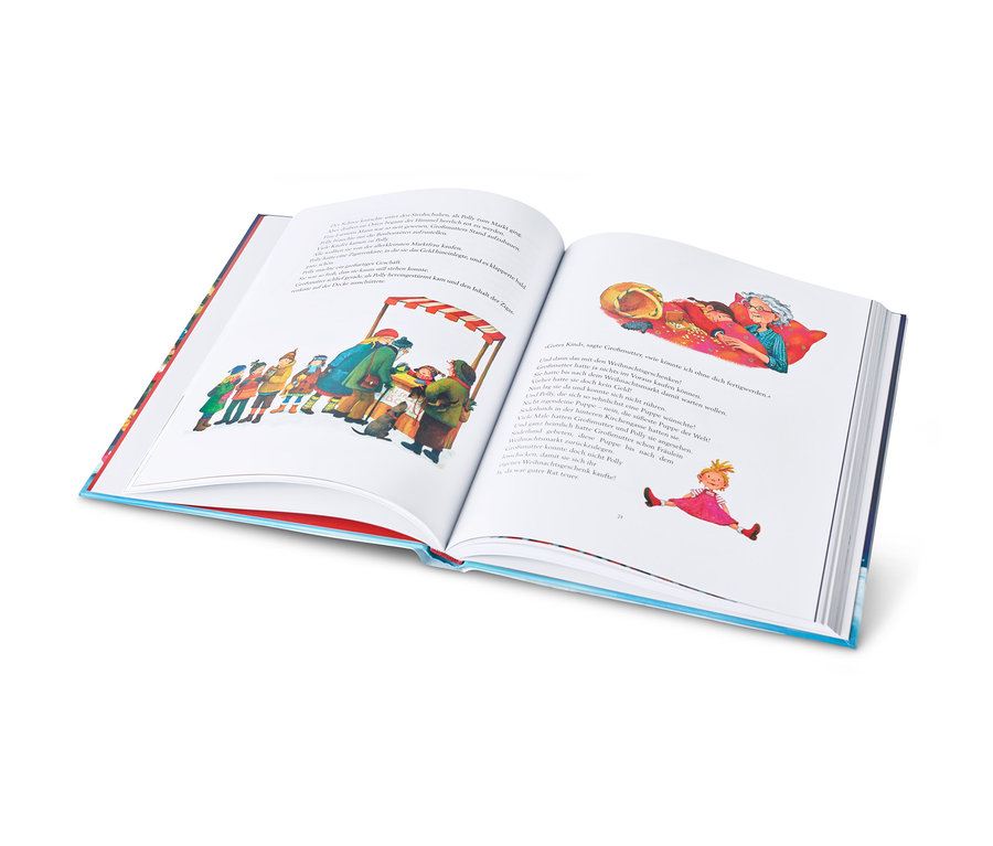 Offenes Buch mit Illustrationen eines Weihnachtsmarktes und einer Großmutter mit Enkelin, Buch »Wahrlich frohe Weihnachten«.