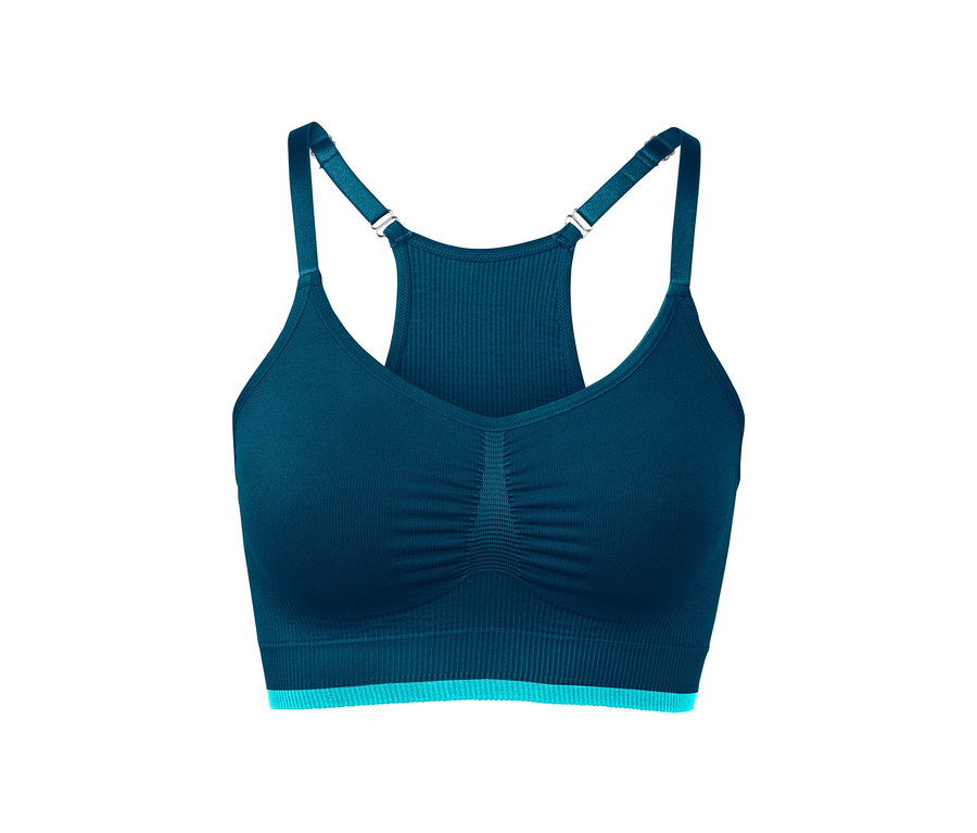 Detailansicht von einem blauen Seamless-Sport-BH.