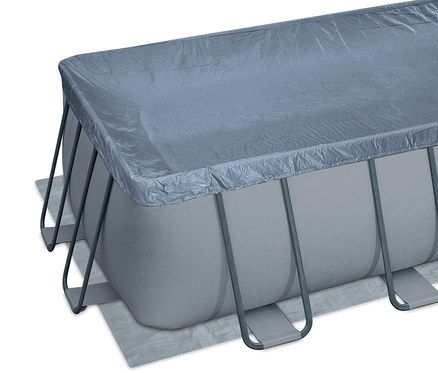 Ein grauer Summer Waves Elite-Frame-Pool, ca. 549 x 274 x 132 cm, abgedeckt mit einer grauen Plane.