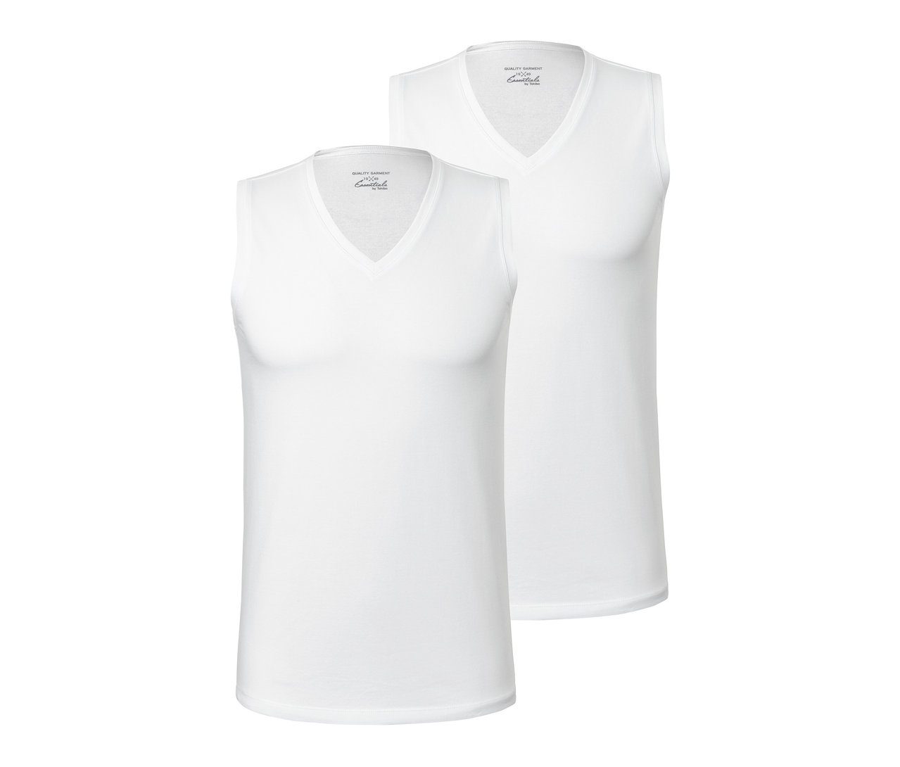 Zwei weiße Jersey-Tanktops mit COOLMAX® liegen nebeneinander.