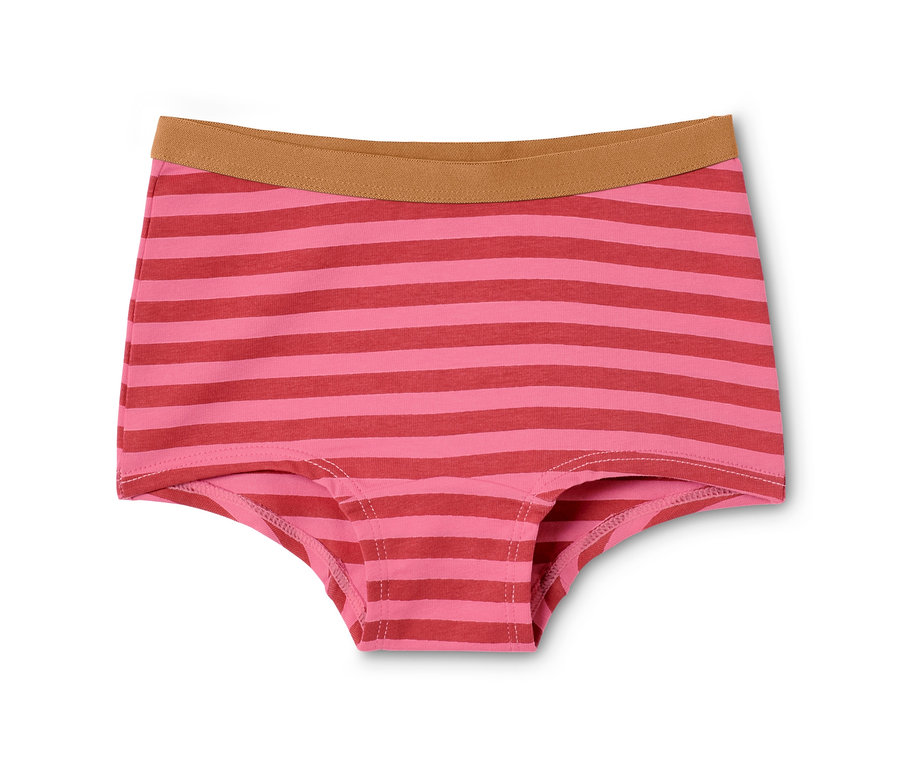 Nahaufnahme einer Kinder-Panty mit hell- und dunkelrosa horizontalen Streifen und braunem Bund.