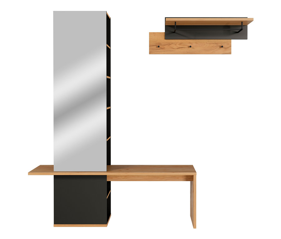 Schwarzer Schuhschrank und Spiegel Garderobe neben Holztisch und Kleiderhaken.