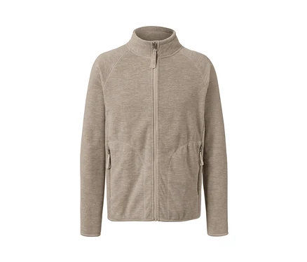 Eine beige Fleecejacke mit Reißverschluss in der Mitte.